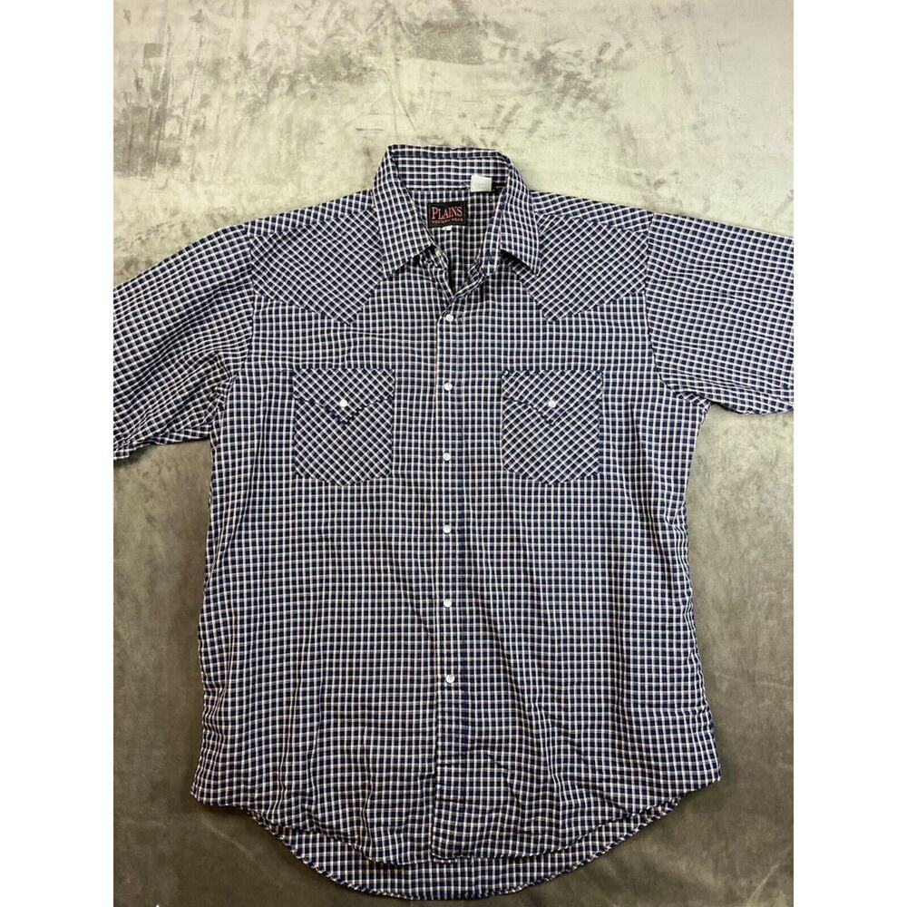 Plains Western Wear Men's Large Plaid Shirt Blue Pearl Snaps Western Cowboy Ss